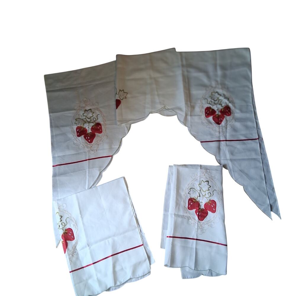 Vintage strawberry curtains 4 pieces valance white red